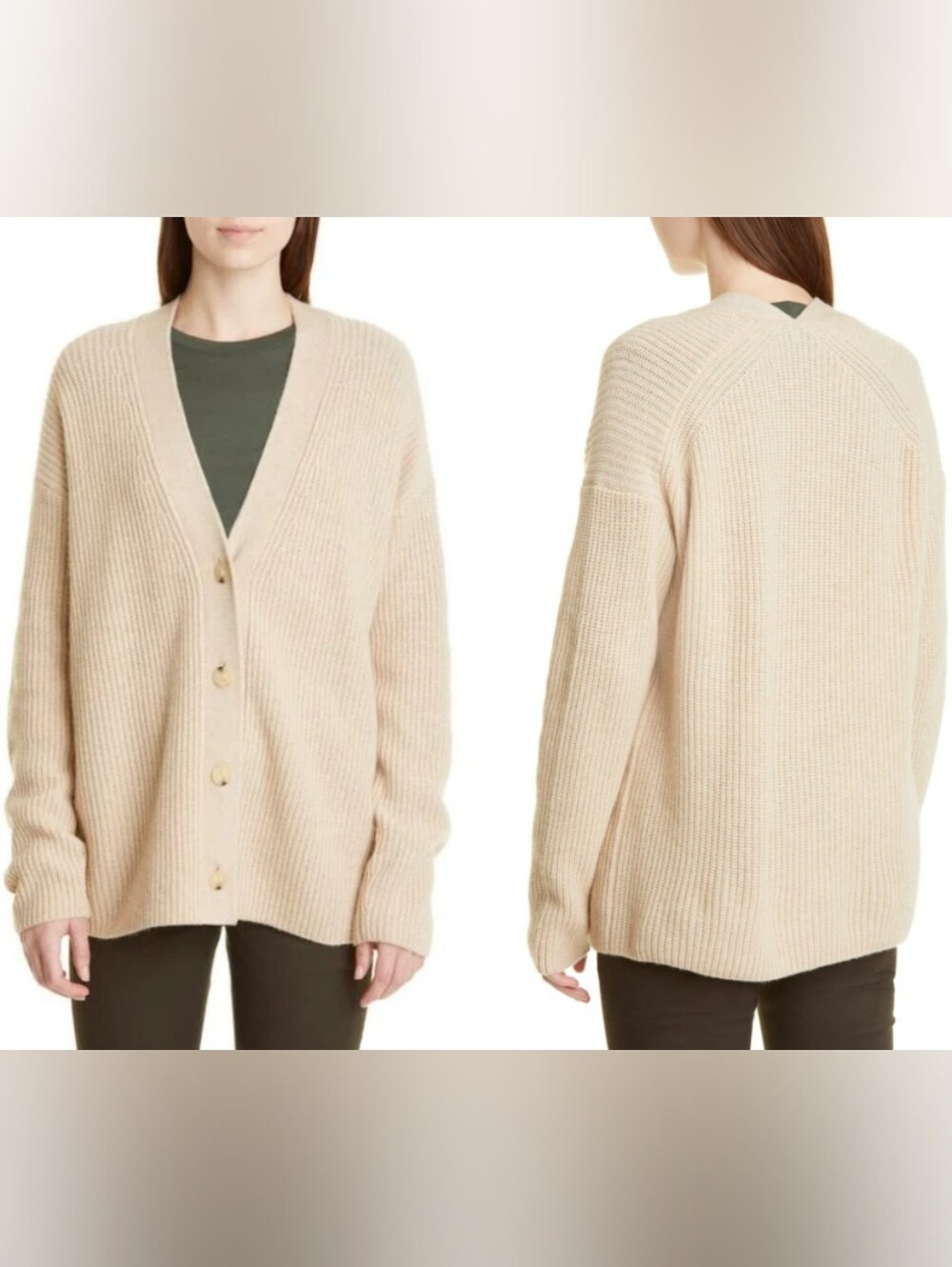 Vince Cream Ribbed Button-Front Cardigan, Wool/Cashmere blend.